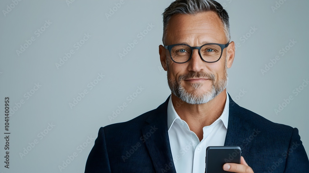 Portrait of confident middle aged businessman in formal business suit and tie using a cellphone and looking aside with a friendly smile against a clean white studio backdrop
