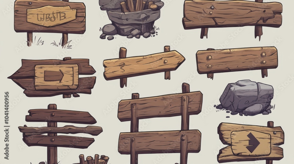 Wooden Cartoon Style Signboards and Planks Collection