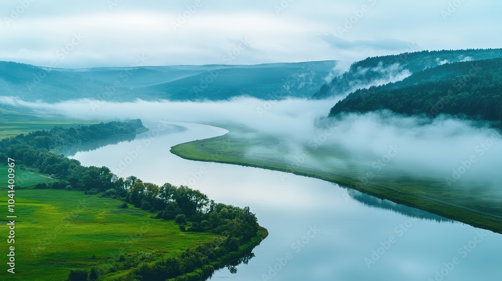 Serene Foggy River Winding Through Lush Greenery Serene Foggy River Winding Through Lush Greenery