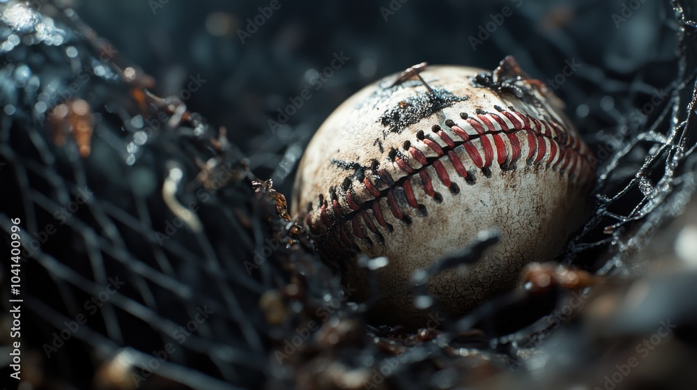 Obraz premium old baseball with dirt and scuffs on the field