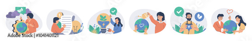 Green sustainable environment concept set with characters in flat design for web. People lead eco friendly lifestyle, take care about nature, using clean alternative resource. Vector illustrations.