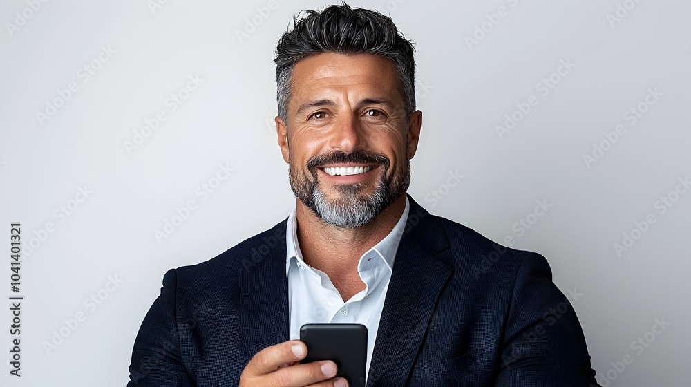 Confident and Successful Middle Aged Business Professional Casually Browsing His Smartphone with a Warm Smile on a Clean White Background Confident and Successful Middle Aged Business Professional Casually Browsing His Smartphone with a Warm Smile on a Clean White Background