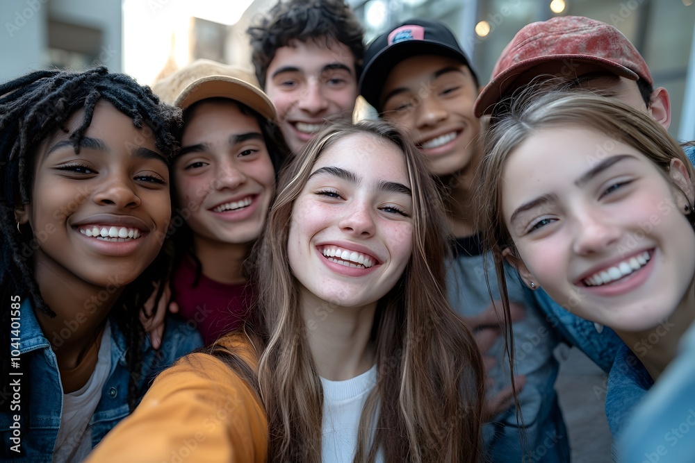 Fototapeta premium Diverse group of happy young friends taking a selfie outdoors