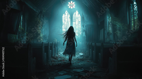 Haunted ghost girl with a disheveled appearance and a ghostly glow, emerging from a dark, dilapidated church with shattered stained glass and an eerie feeling.