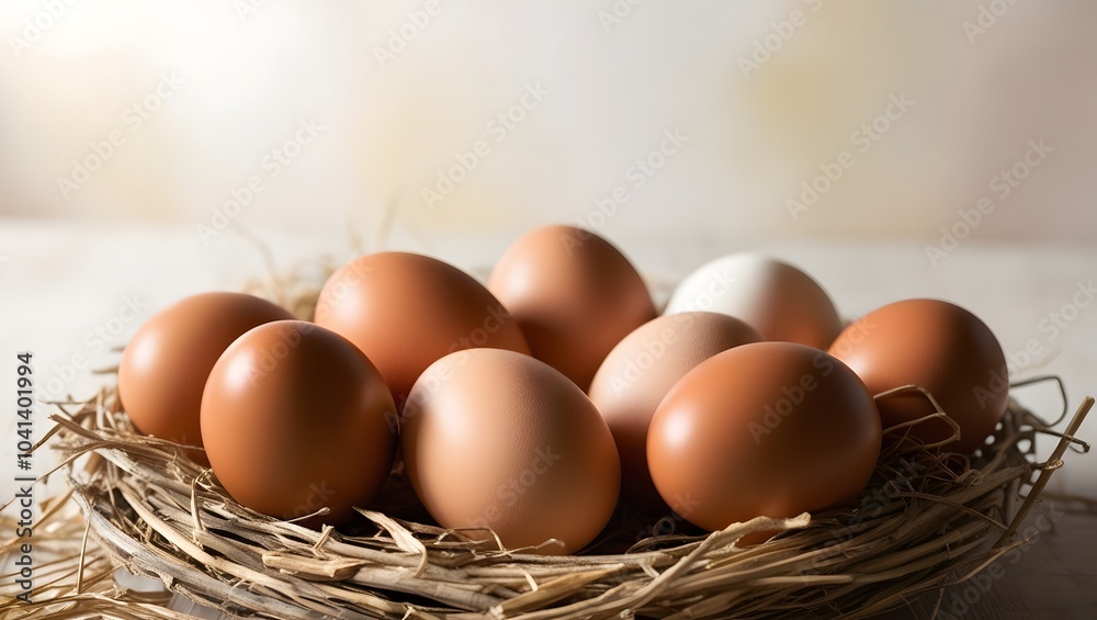 Chicken eggs in a straw nest.