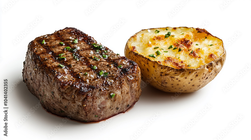 Steak with baked potato isolated on white background Steak with baked potato isolated on white background