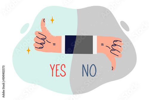 Person hand shows thumbs up and thumbs down for nonverbal approval or protest against proposal made
