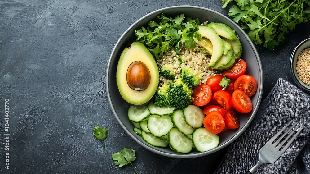 Fresh and colorful quinoa salad bowl with avocado cucumbers and cherry tomatoes for a healthy meal option Fresh and colorful quinoa salad bowl with avocado cucumbers and cherry tomatoes for a healthy meal option