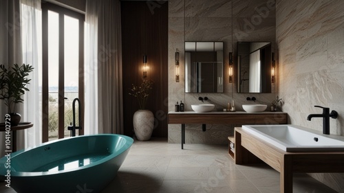 Modern bathroom with freestanding bathtub, double vanity, and large windows.