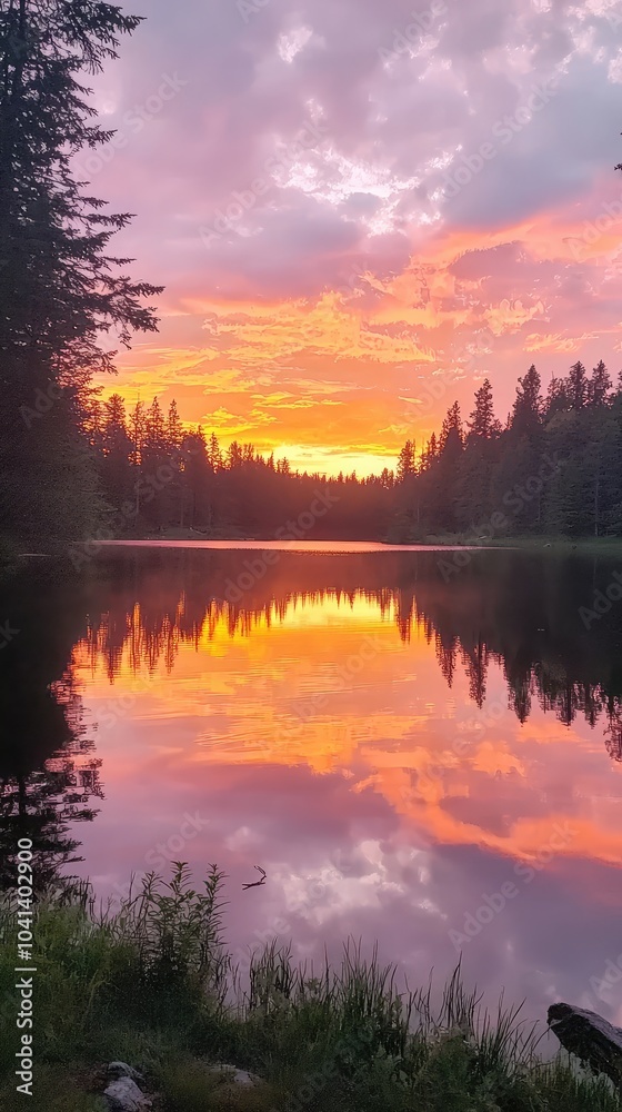 Fototapeta premium Fiery Sunset Over Picturesque Lakeside Reflections