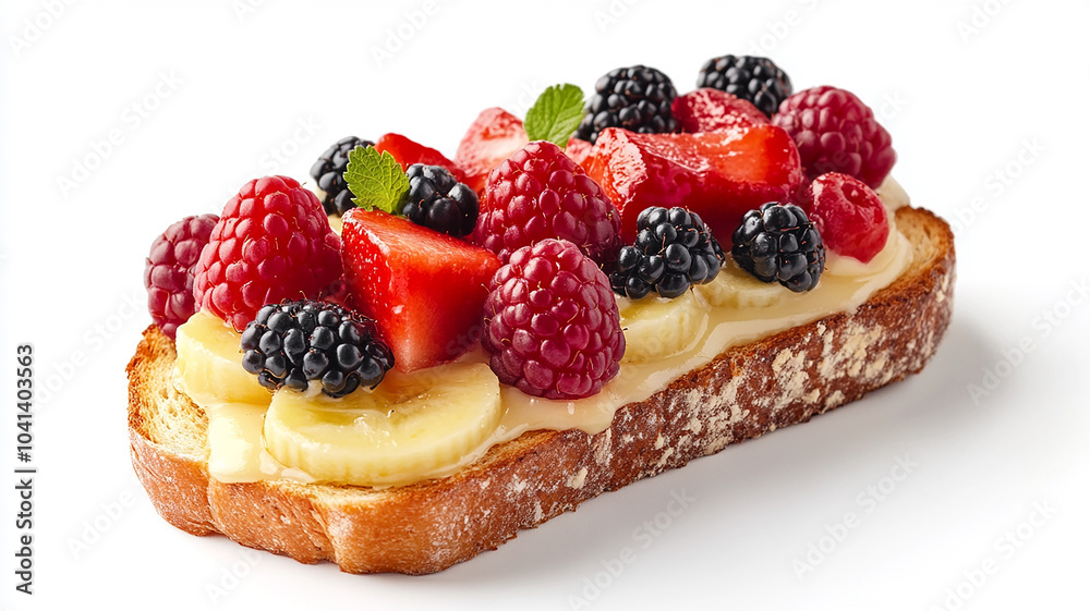 Cheese toast with fruits and berries isolated on white background Cheese toast with fruits and berries isolated on white background
