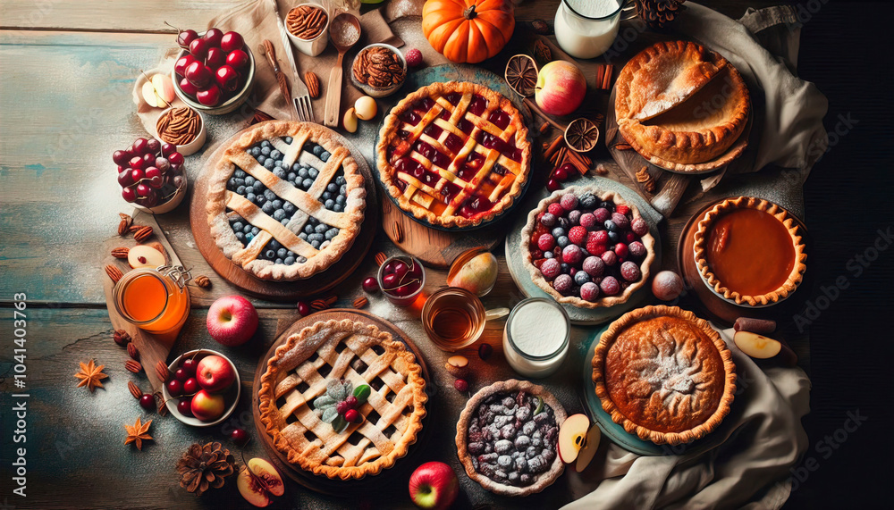 Many different pies on a wooden table with space for text Many different pies on a wooden table with space for text