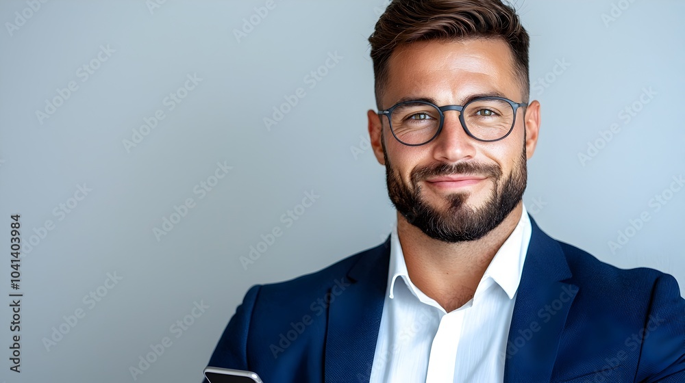 Confident and Successful Professional Man Holding Smartphone and Smiling on White Background Portrayal of Businessman in Formal Attire Using Mobile Device in Office Setting Confident and Successful Professional Man Holding Smartphone and Smiling on White Background Portrayal of Businessman in Formal Attire Using Mobile Device in Office Setting