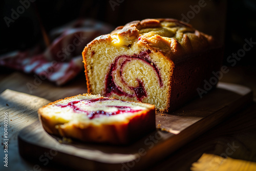 Rustic loaf cake, freshly sliced to reveal a swirl of fruit filling inside. Generative AI