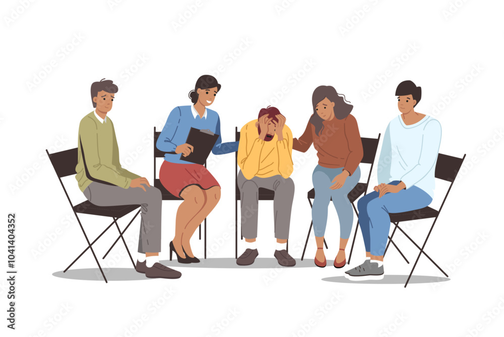 Group psychotherapy in alcoholics anonymous club, with team of people comforting upset man. Alcoholics anonymous section is trying to help friend who is victim of addiction to beer or vodka