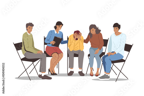 Obraz na płótnie Group psychotherapy in alcoholics anonymous club, with team of people comforting upset man. Alcoholics anonymous section is trying to help friend who is victim of addiction to beer or vodka w salonie