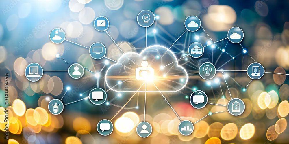 Soft Abstract Cloud Communication Image with Icons | Cloud Networking Concept with Bokeh Background | Ideal Copy Space for Branding in Photo Stock Collection | Modern Digital Communication Representat Soft Abstract Cloud Communication Image with Icons | Cloud Networking Concept with Bokeh Background | Ideal Copy Space for Branding in Photo Stock Collection | Modern Digital Communication Representat