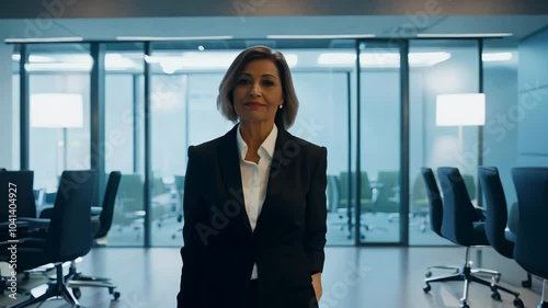 Confident hispanic ceo walks into boardroom, dolly zoom out, three-point lighting photo