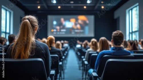 Wallpaper Mural Audience from behind in a conference hall or seminar room featuring a large media screen displaying a video presentation emphasizing business and education themes Torontodigital.ca