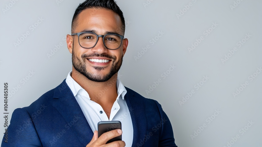Confident and Successful Professional Man in Formal Business Attire Holding Mobile Phone and Smiling Confidently on White Background Portraying Leadership Technology Confident and Successful Professional Man in Formal Business Attire Holding Mobile Phone and Smiling Confidently on White Background Portraying Leadership Technology