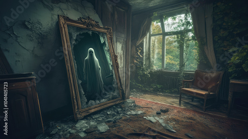 Eerie ghost with a haunting look and ghostly glow, appearing in a cracked, antique mirror in a dark, disused living room, with dusty furniture and a sense of foreboding.