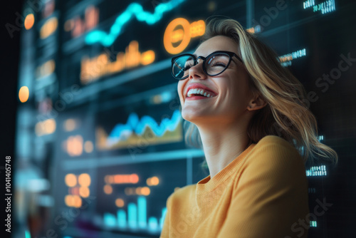 A businesswoman, mid-celebration, stands beside a large screen displaying impressive e-commerce growth. Her joyful expression and the bright digital data charts behind her reflect her success in the