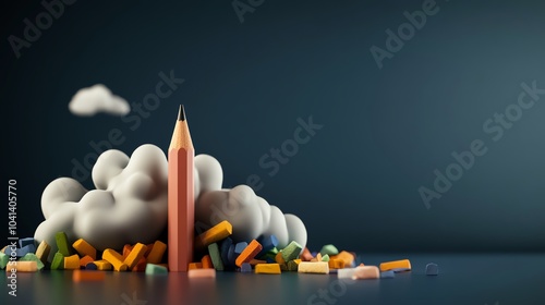 Cute pencil sharpener character with a pink pencil, surrounded by colorful shavings, pencil sharpener, playful and fun