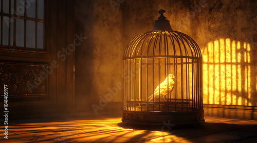 A caged bird bathed in golden sunlight capturing the essence of freedom and isolation in a serene environment photo