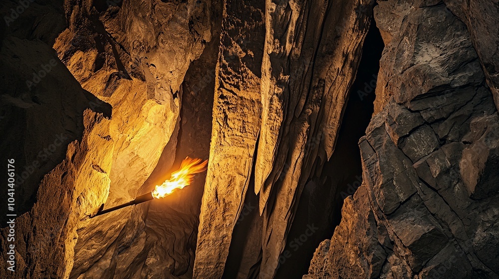 Torch Lighting the Entrance of an Ancient Cave with Flickering Firelight Torch Lighting the Entrance of an Ancient Cave with Flickering Firelight