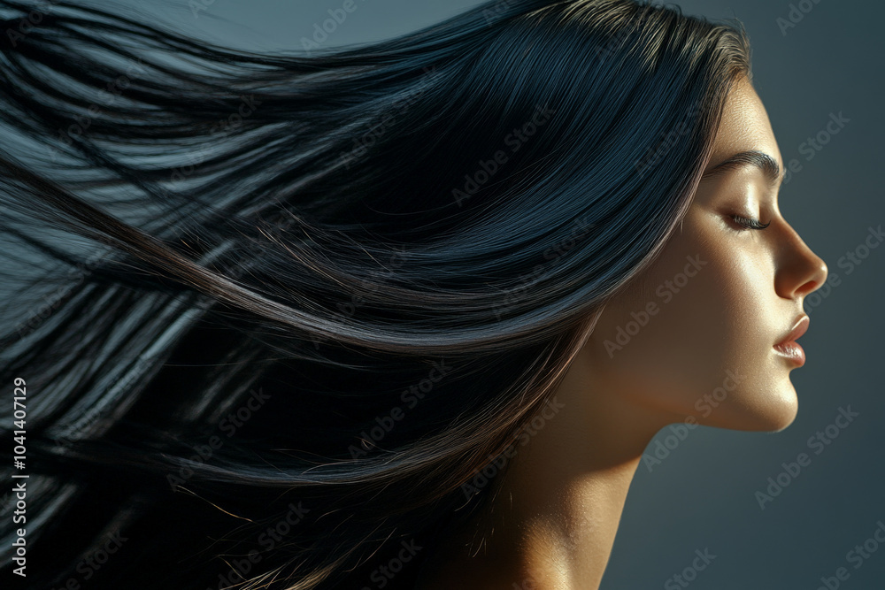A young adult Caucasian female model with long, straight, shiny hair flowing in the wind. Her hair shines brightly as it moves, creating a captivating and dynamic image. A young adult Caucasian female model with long, straight, shiny hair flowing in the wind. Her hair shines brightly as it moves, creating a captivating and dynamic image.