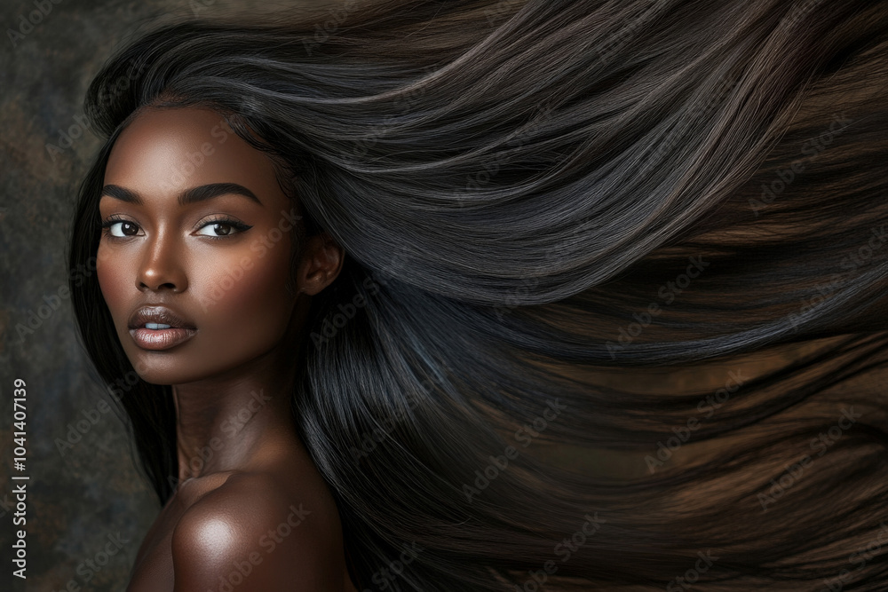 Obraz premium A senior African American female model with long, straight, shiny hair flowing gracefully behind her as she moves. The smooth texture of her hair captures the light, adding brilliance to the scene.