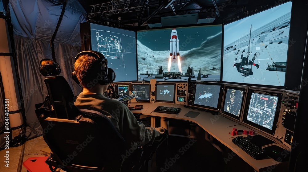 Obraz premium Advanced Rocket Simulation Room with Computer System
