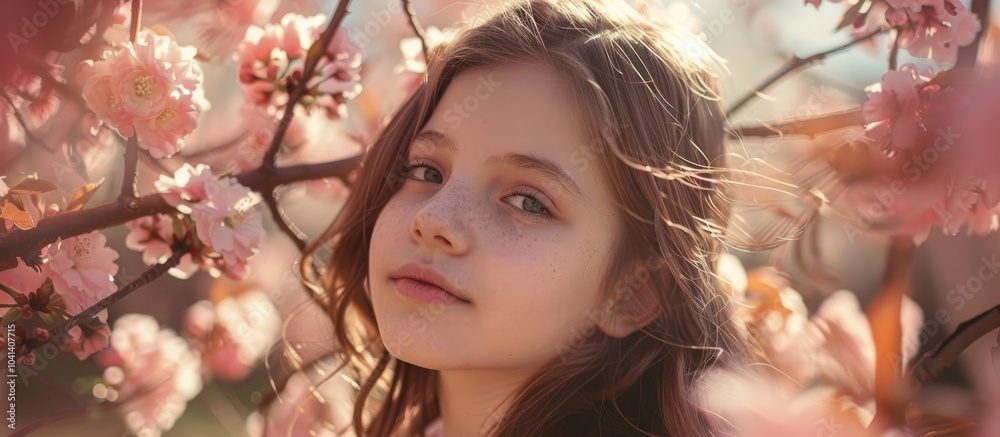 Portrait Of A Young Girl Against The Background Of A Blossoming Garden Portrait Of A Young Girl Against The Background Of A Blossoming Garden