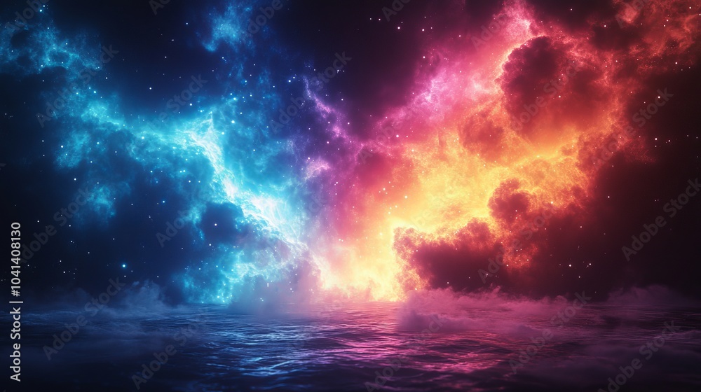 A colorful space scene with a blue and red cloud A colorful space scene with a blue and red cloud