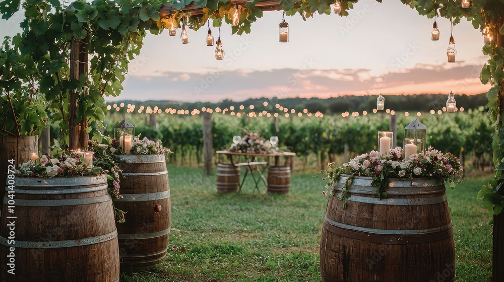 Obraz premium Romantic Sunset Vineyard Wedding Setup