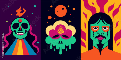 Psychedelic skull art: cosmic, melting, and fiery faces for creative design