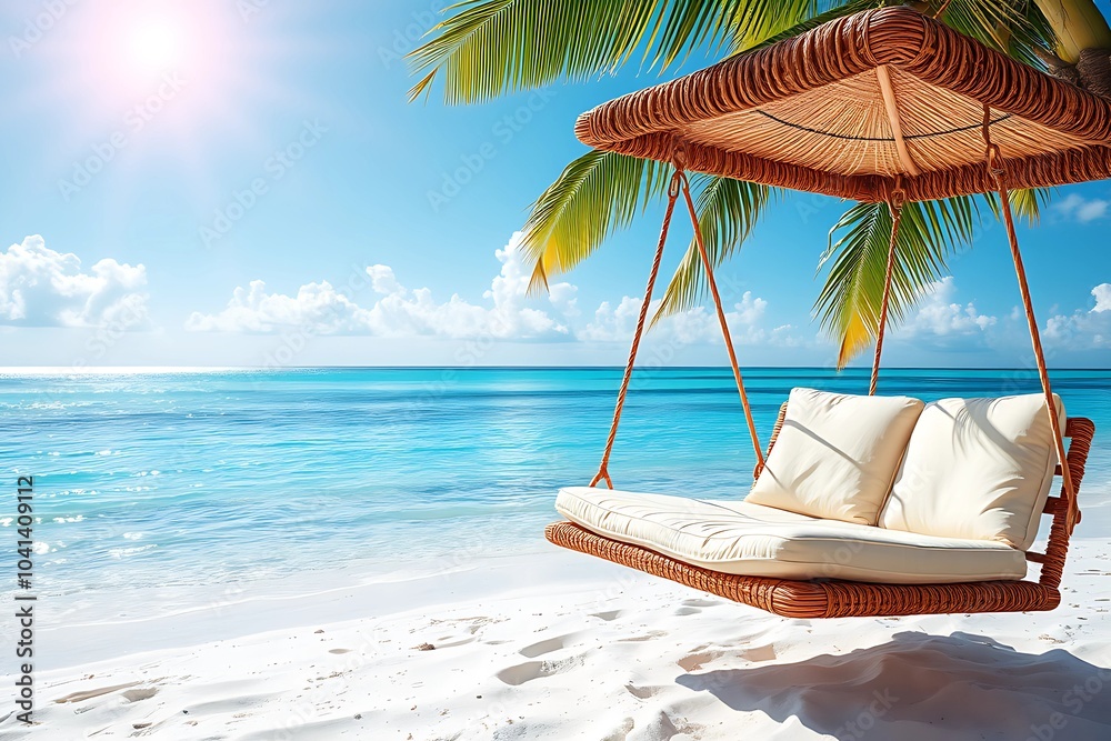 Obraz premium A peaceful summer scene featuring a beach swing, soft white sand, and a serene sea under a clear sky