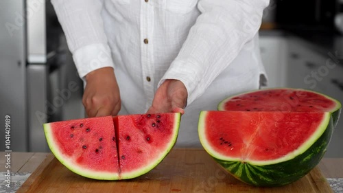 Women's hands in the kitchen cut a large ripe watermelon with a sharp knife into two even halves. Concept of healthy eating and healthy snacking. High quality 4k footage photo