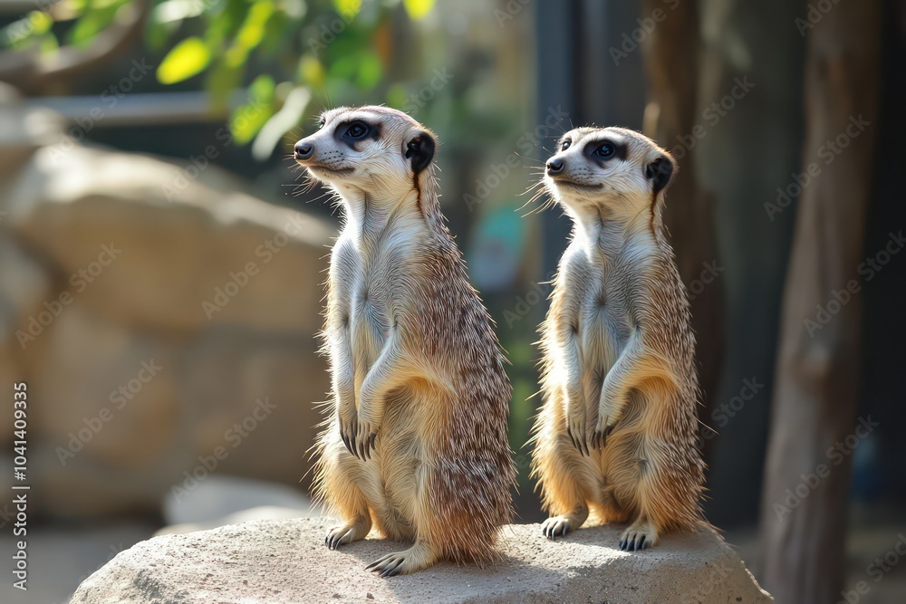 Curious meerkats standing watch in the desert landscape. Curious meerkats standing watch in the desert landscape.
