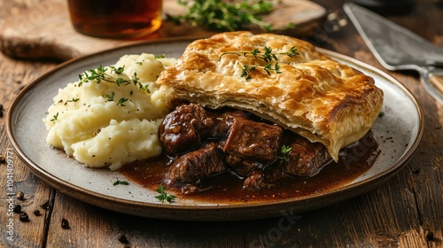 Rustic Beef Steak Pie with Mashed Potatoes and Gravy