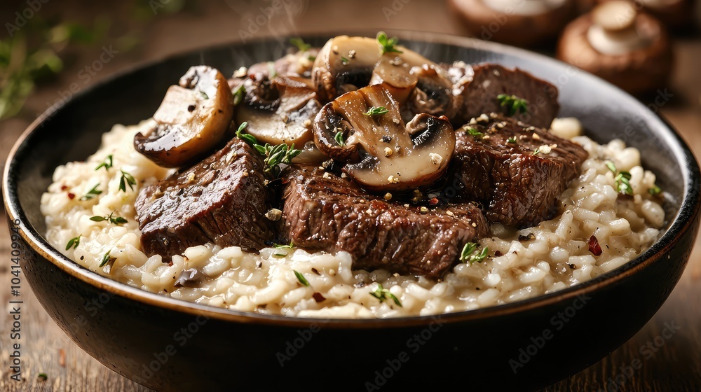 Juicy Steak with Mushroom Risotto on Rustic Table Juicy Steak with Mushroom Risotto on Rustic Table