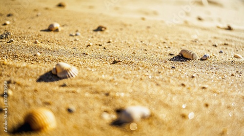 Close-Up of Golden Beach Sand with Shells and Rocks under Bright Sunlight