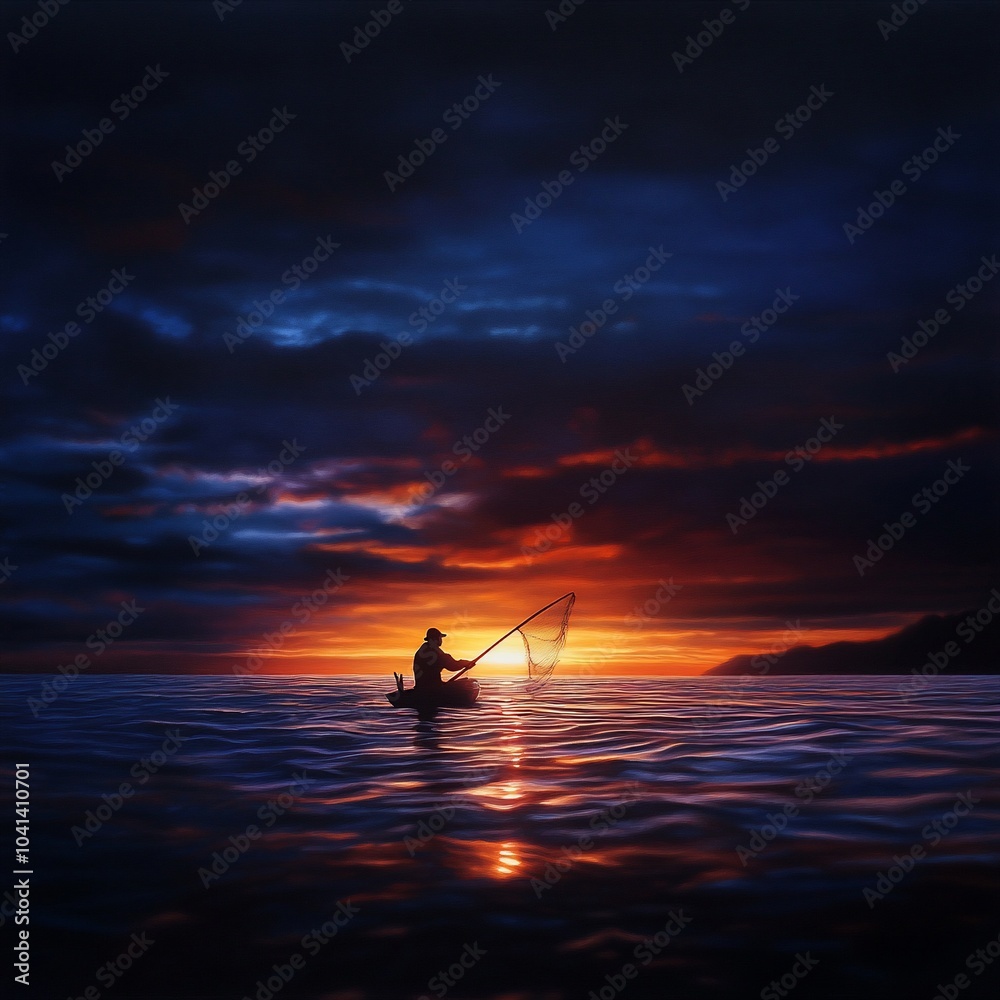 Fototapeta premium A lone fisherman casts his net into the water at sunset, silhouetted against the fiery sky.