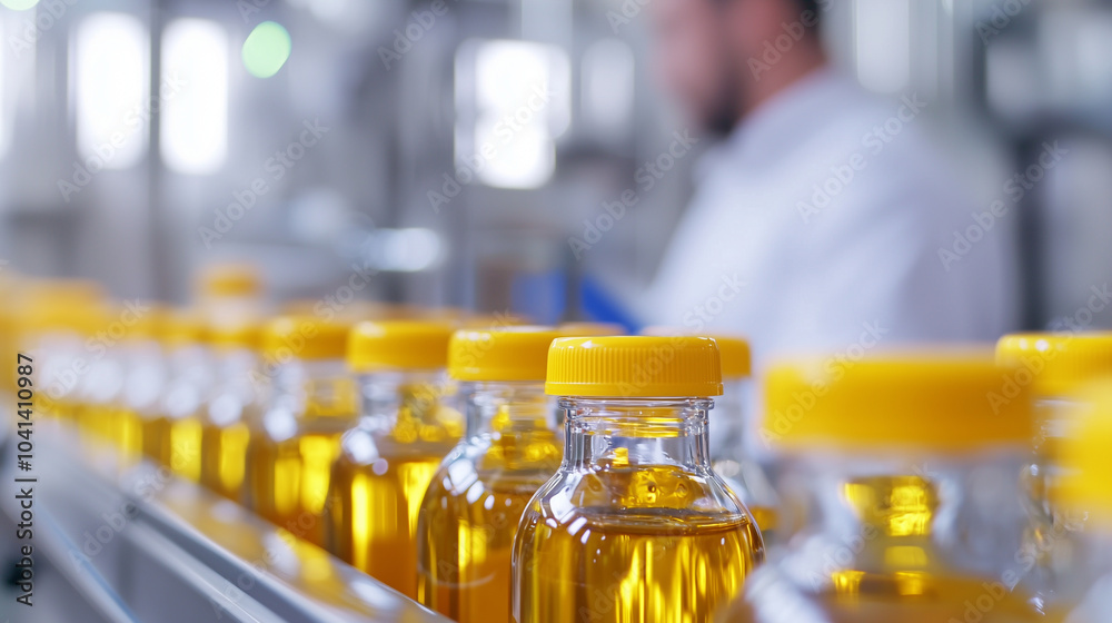 Automated Beverage Bottling Process in Production Factory Automated Beverage Bottling Process in Production Factory
