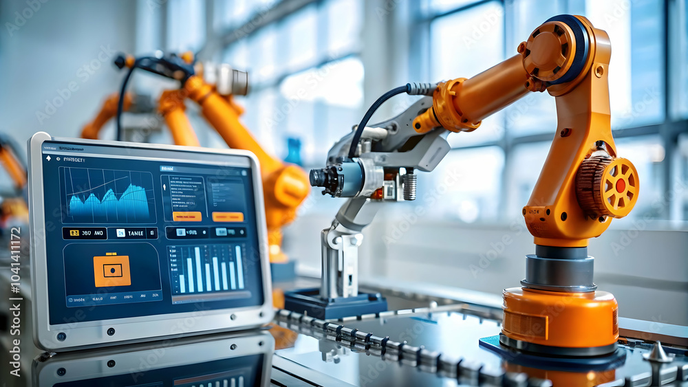 Glossy Image of Robotic Arm Assembling Products with AI Interface in High-Tech Manufacturing Plant Showcasing Precision Efficiency and Copy Space for Photo Stock Concepts Glossy Image of Robotic Arm Assembling Products with AI Interface in High-Tech Manufacturing Plant Showcasing Precision Efficiency and Copy Space for Photo Stock Concepts