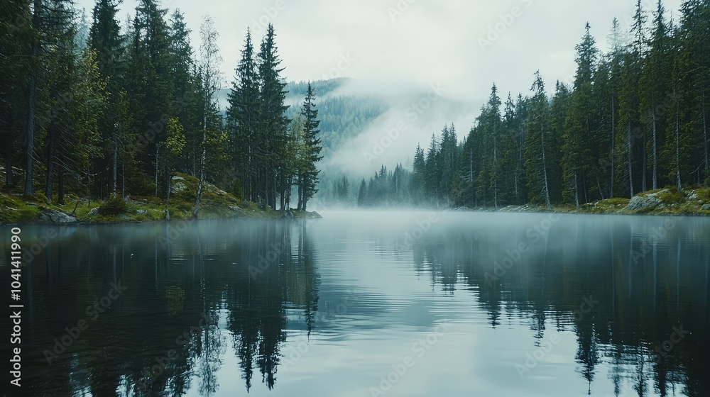 Obraz premium Serene Morning at Foggy Lake in Tranquil Mountains