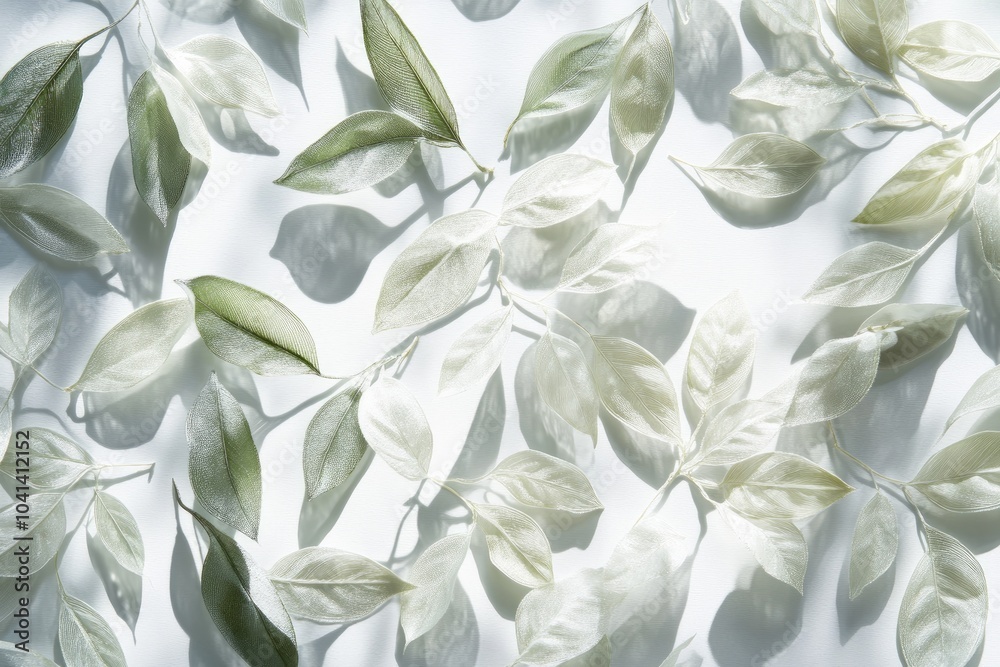 Fototapeta premium Delicate Green and White Leaves on a White Background