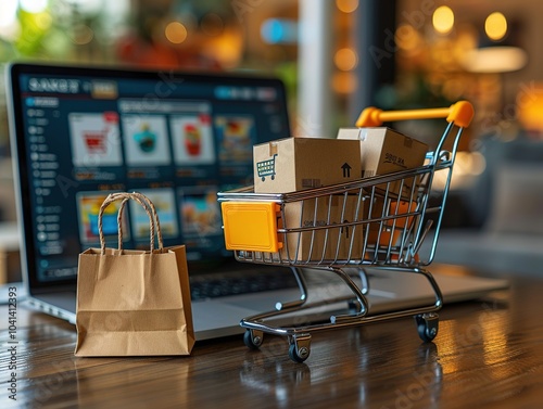 A shopping cart with boxes beside a laptop displaying an online shopping interface. photo