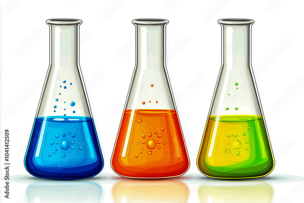 Three beakers and one test tube with different colors on a white background, laboratory equipment. Three beakers and one test tube with different colors on a white background, laboratory equipment.