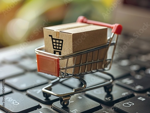 A small shopping cart with a cardboard box on a computer keyboard, symbolizing online shopping. photo